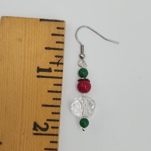 Handmade Earrings with Crystal, Red Coral, and Moonstone – 2" Dangle - Picture 3 of 7